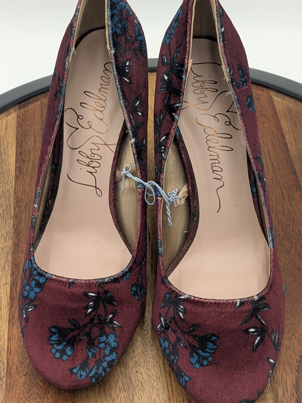 Libby Edelman Floral Velvet Block Heel Pumps Burgundy Blue
